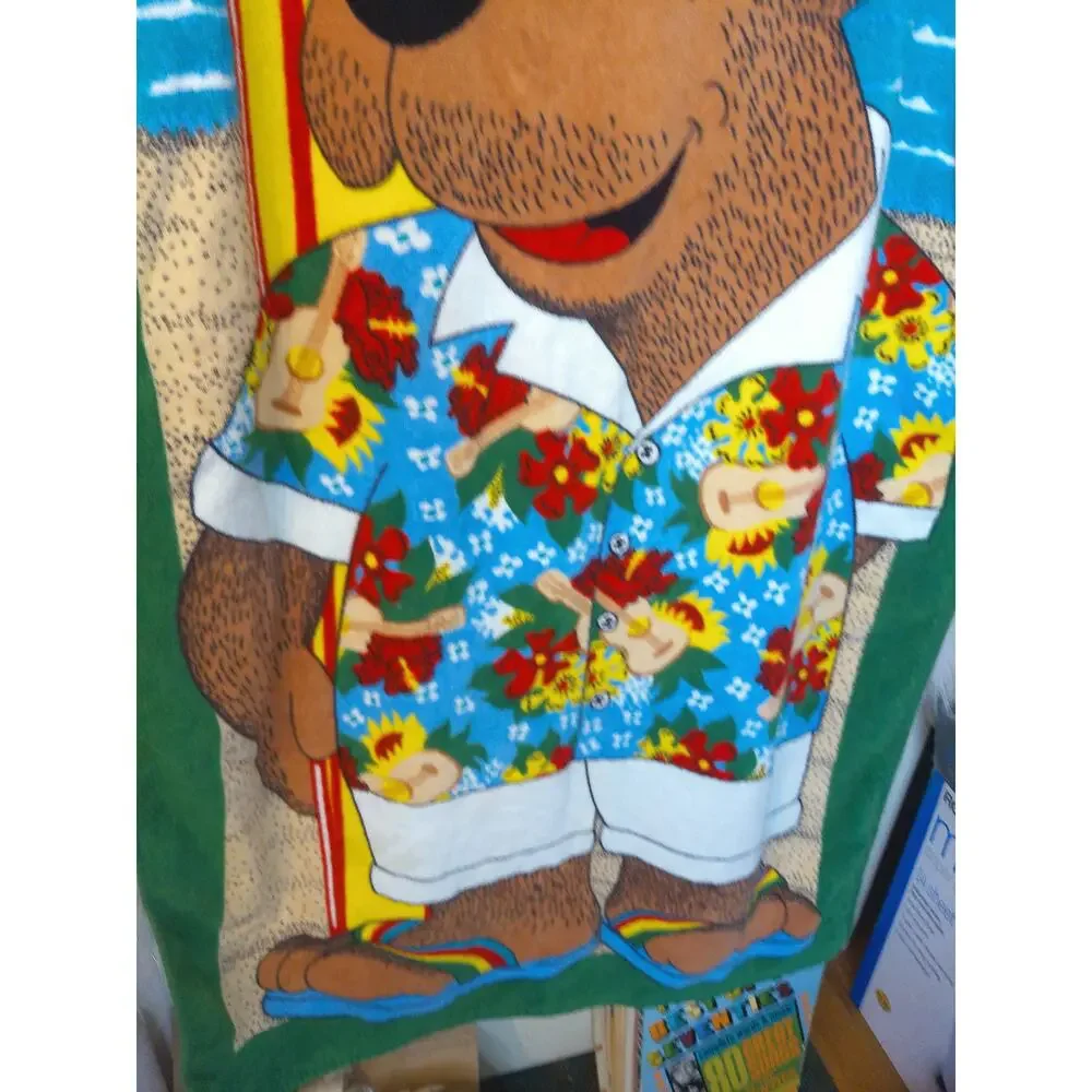 Vintage 80s Seven Seas Duke Surf Bear Beach Towel Neon Tropical Cartoon Cotton